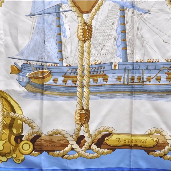 Authentic HERMES Carre 90 Scarf "Tribord" Silk Blue - Picture 4 of 16